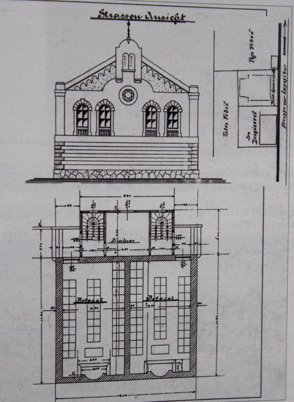 Idejni nacrt zavidovićke sinagoge, izgrađene 1912. godine, koja je također srušena 1954.
